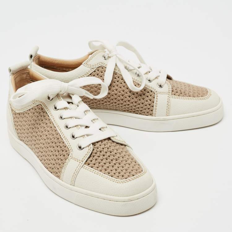 Pre Owned Christian Louboutin White/Brown Leather and Woven Fabric Rantulow Low-Top Sneakers Size 40