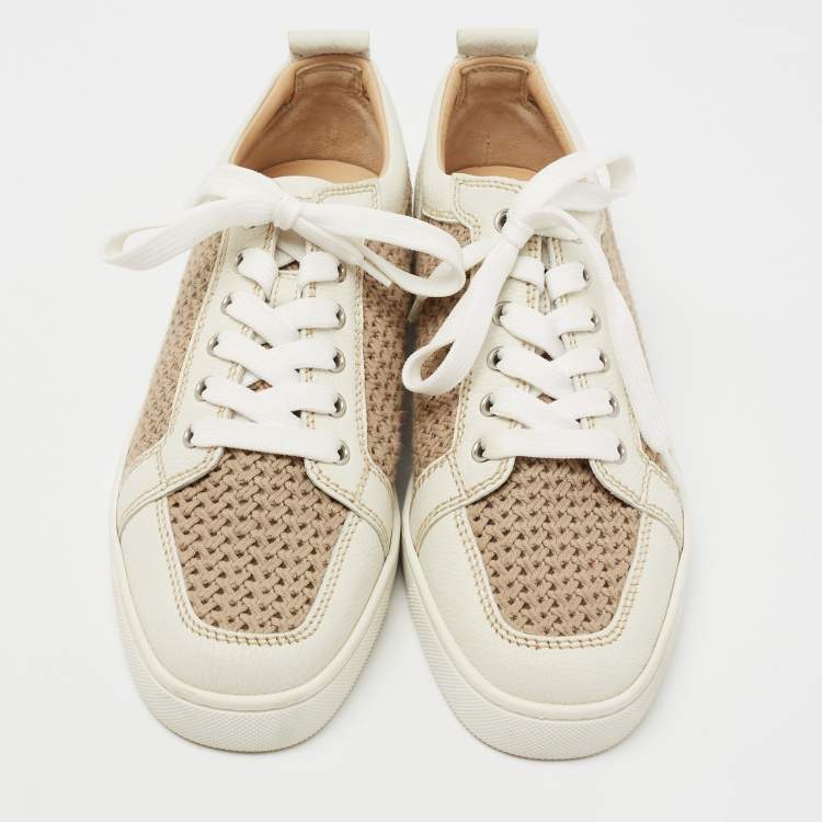 Pre Owned Christian Louboutin White/Brown Leather and Woven Fabric Rantulow Low-Top Sneakers Size 40