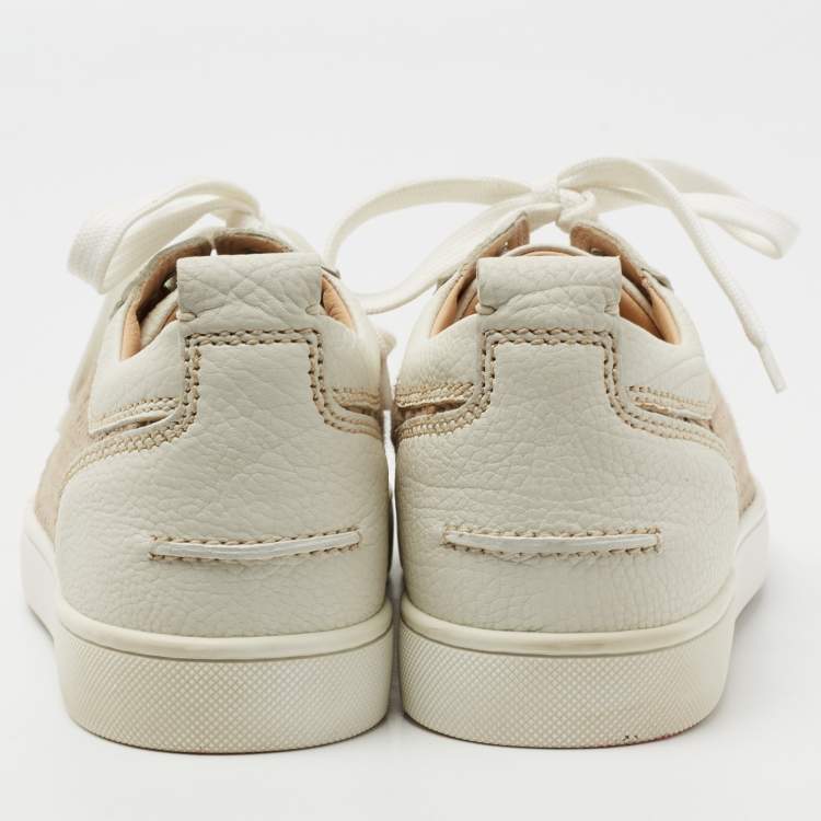 Pre Owned Christian Louboutin White/Brown Leather and Woven Fabric Rantulow Low-Top Sneakers Size 40