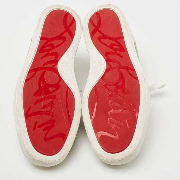 Pre Owned Christian Louboutin White/Brown Leather and Woven Fabric Rantulow Low-Top Sneakers Size 40