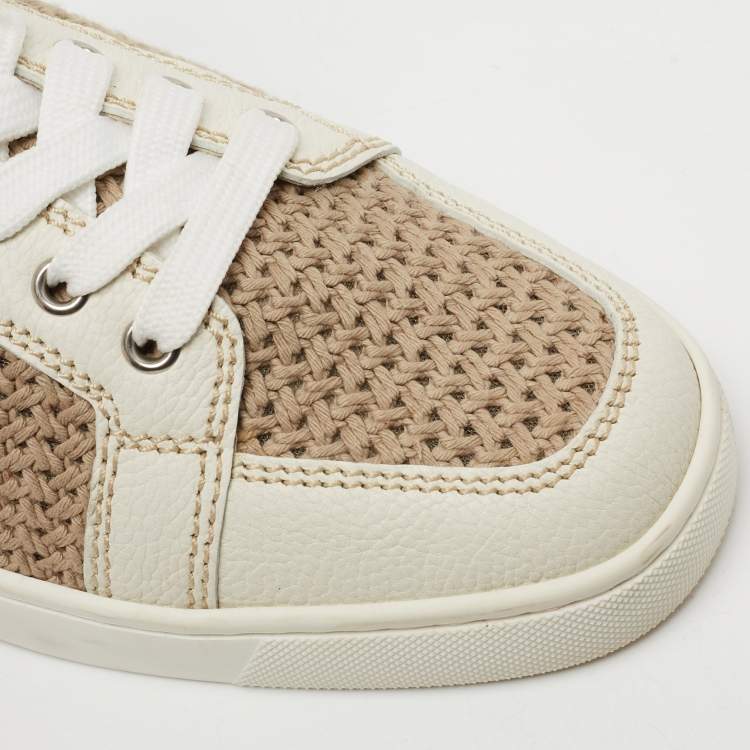 Pre Owned Christian Louboutin White/Brown Leather and Woven Fabric Rantulow Low-Top Sneakers Size 40
