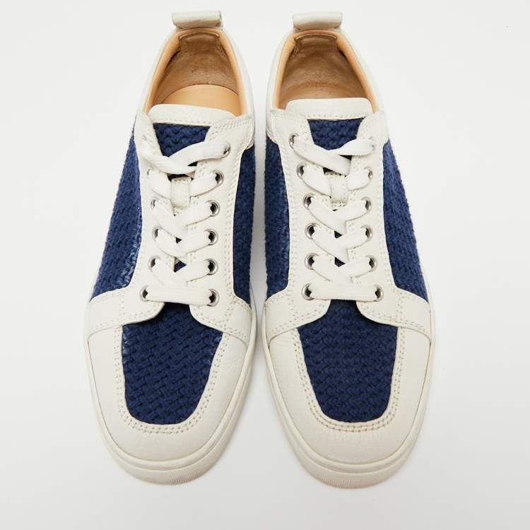 Pre Owned Christian Louboutin White/Navy Blue Leather and Woven Fabric Rantulow Low-Top Sneakers Size 40
