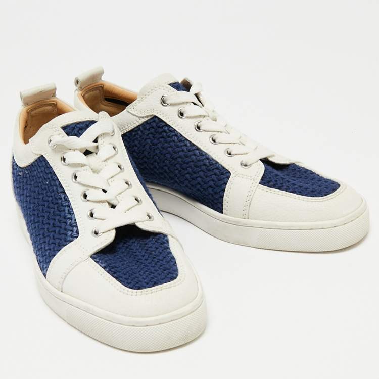 Pre Owned Christian Louboutin White/Navy Blue Leather and Woven Fabric Rantulow Low-Top Sneakers Size 40