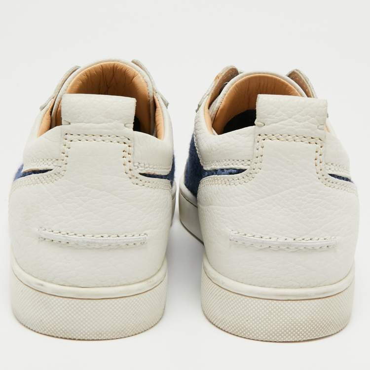 Pre Owned Christian Louboutin White/Navy Blue Leather and Woven Fabric Rantulow Low-Top Sneakers Size 40