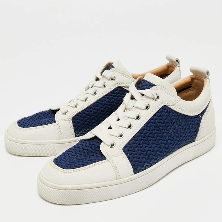 Christian Louboutin White/Navy Blue Leather and Woven Fabric