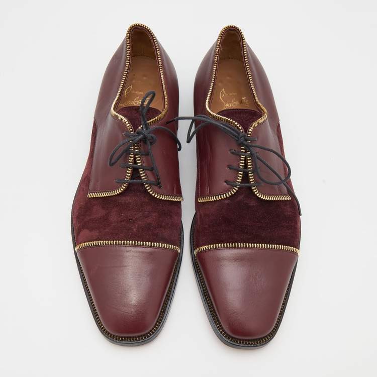 Pre Owned Christian Louboutin Burgundy Leather and Suede Bruno Zip Detail Derby Size 41