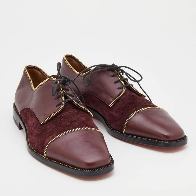 Pre Owned Christian Louboutin Burgundy Leather and Suede Bruno Zip Detail Derby Size 41