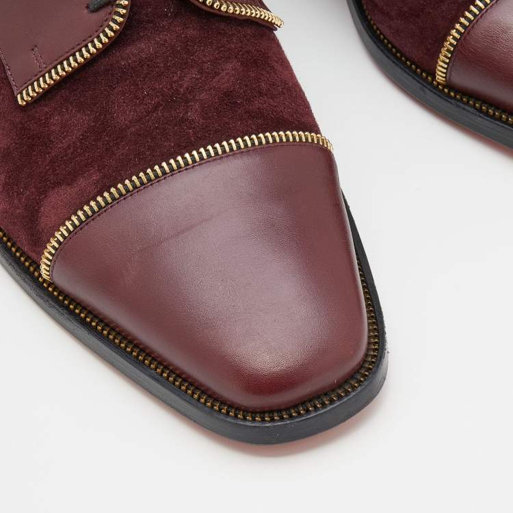 Pre Owned Christian Louboutin Burgundy Leather and Suede Bruno Zip Detail Derby Size 41