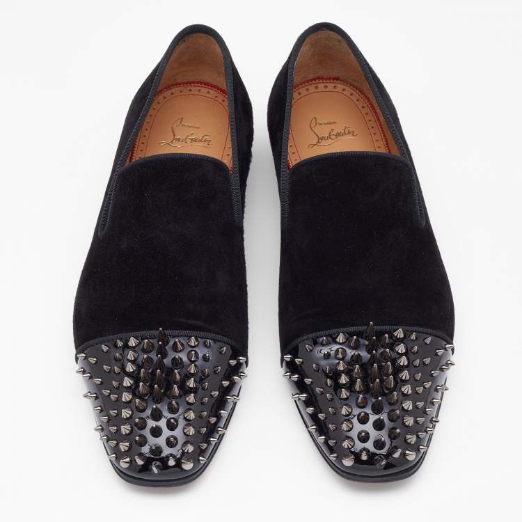 Pre Owned Christian Louboutin Black Velvet Spooky Spiked Toe Cap Smoking Slippers 41.5