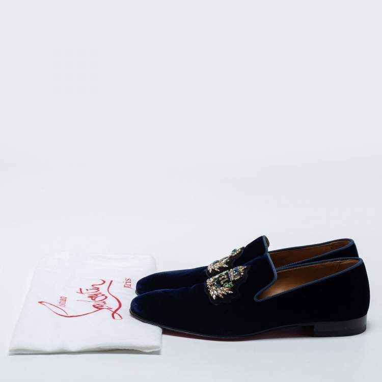 Pre Owned Christain Louboutin Navy Blue Velvet Dandelion Crystal Embellished Smoking Slippers Size 40