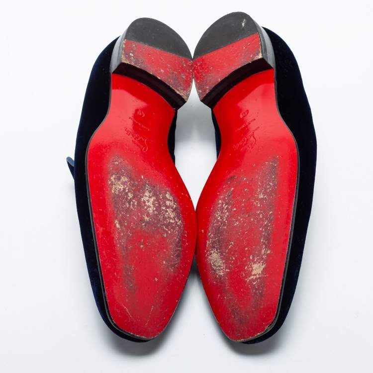 Pre Owned Christain Louboutin Navy Blue Velvet Dandelion Crystal Embellished Smoking Slippers Size 40