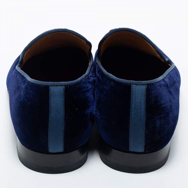Pre Owned Christain Louboutin Navy Blue Velvet Dandelion Crystal Embellished Smoking Slippers Size 40