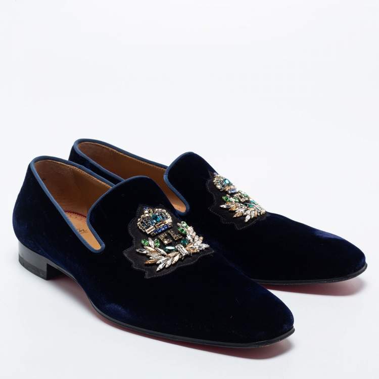 Pre Owned Christain Louboutin Navy Blue Velvet Dandelion Crystal Embellished Smoking Slippers Size 40