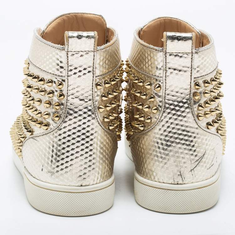 Pre Owned Christian Louboutin Gold Texture Leather Louis Junior Spikes High Top Sneakers Size 40.5