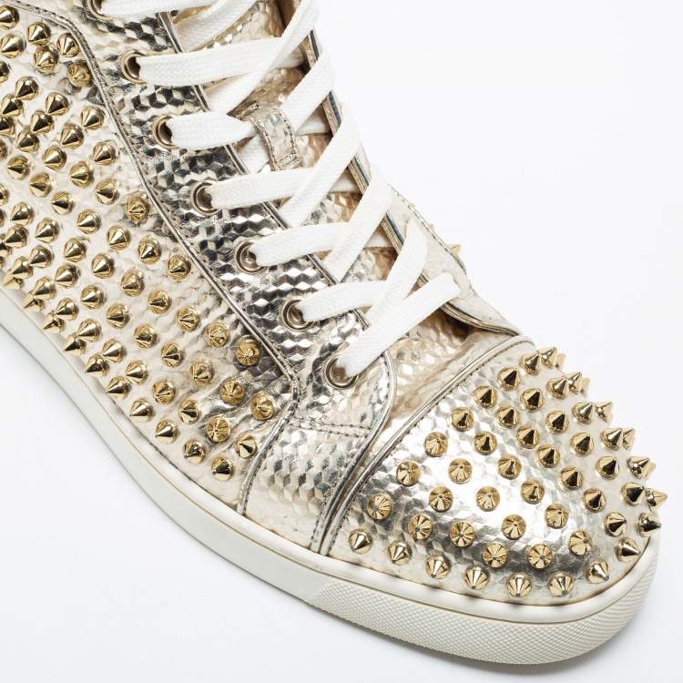 Pre Owned Christian Louboutin Gold Texture Leather Louis Junior Spikes High Top Sneakers Size 40.5