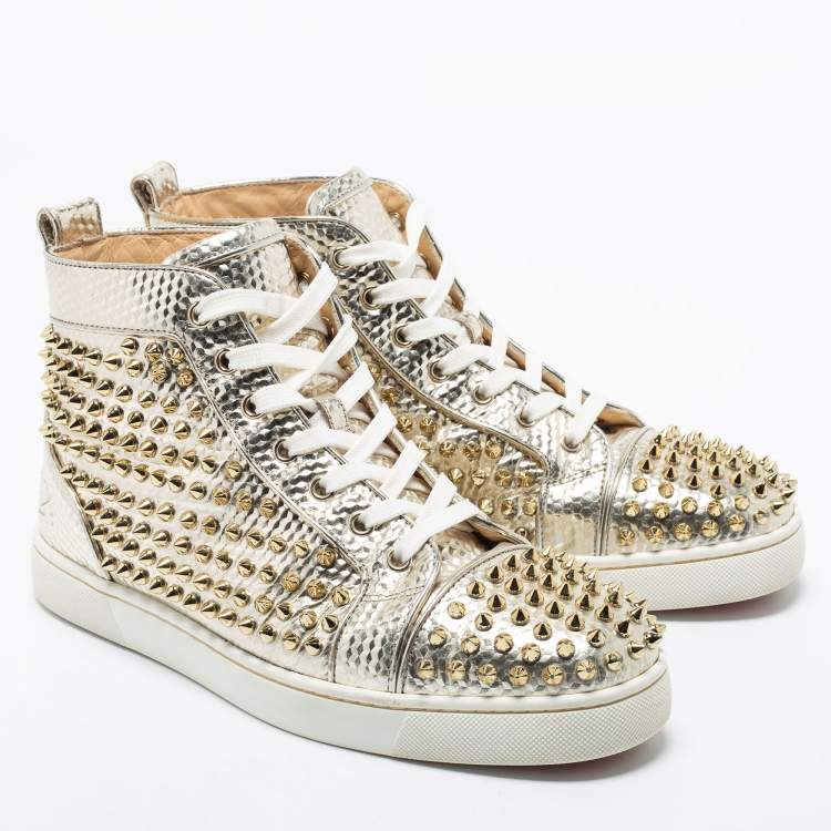 Pre Owned Christian Louboutin Gold Texture Leather Louis Junior Spikes High Top Sneakers Size 40.5