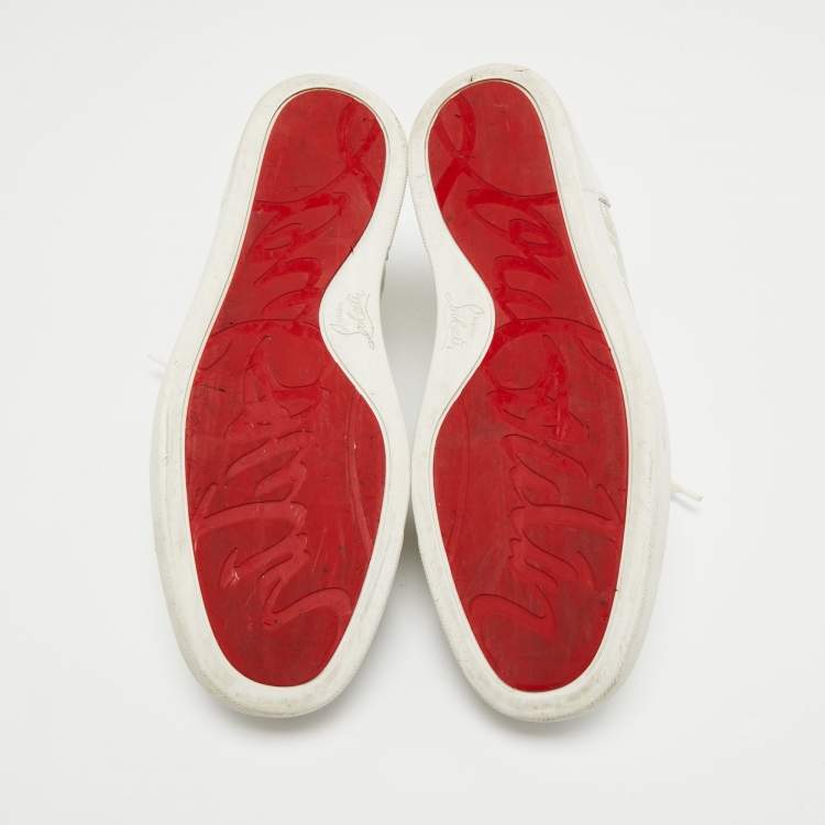 Pre Owned Christian Louboutin White Leather and Printed Patent Leather Louis Junior Spikes Low Top Sneakers Size 44