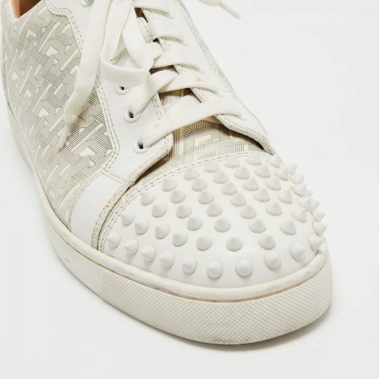 Pre Owned Christian Louboutin White Leather and Printed Patent Leather Louis Junior Spikes Low Top Sneakers Size 44