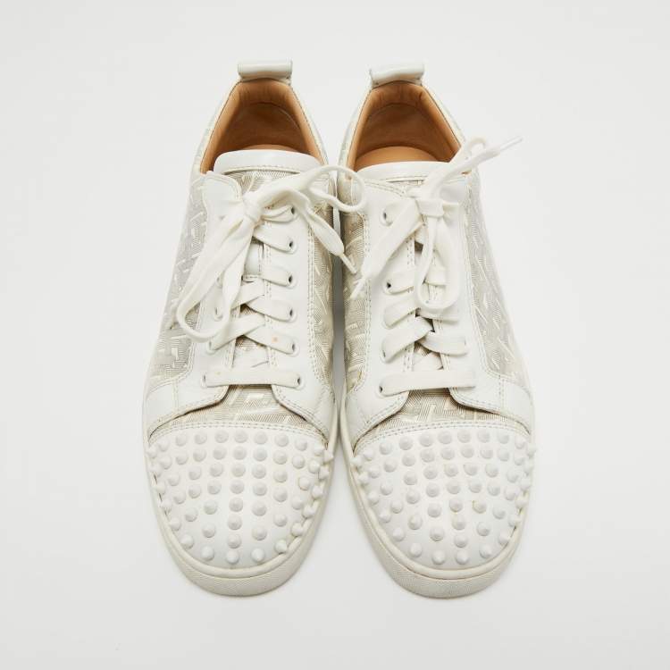 Pre Owned Christian Louboutin White Leather and Printed Patent Leather Louis Junior Spikes Low Top Sneakers Size 44