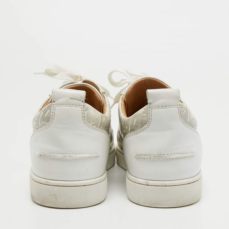 Pre Owned Christian Louboutin White Leather and Printed Patent Leather Louis Junior Spikes Low Top Sneakers Size 44