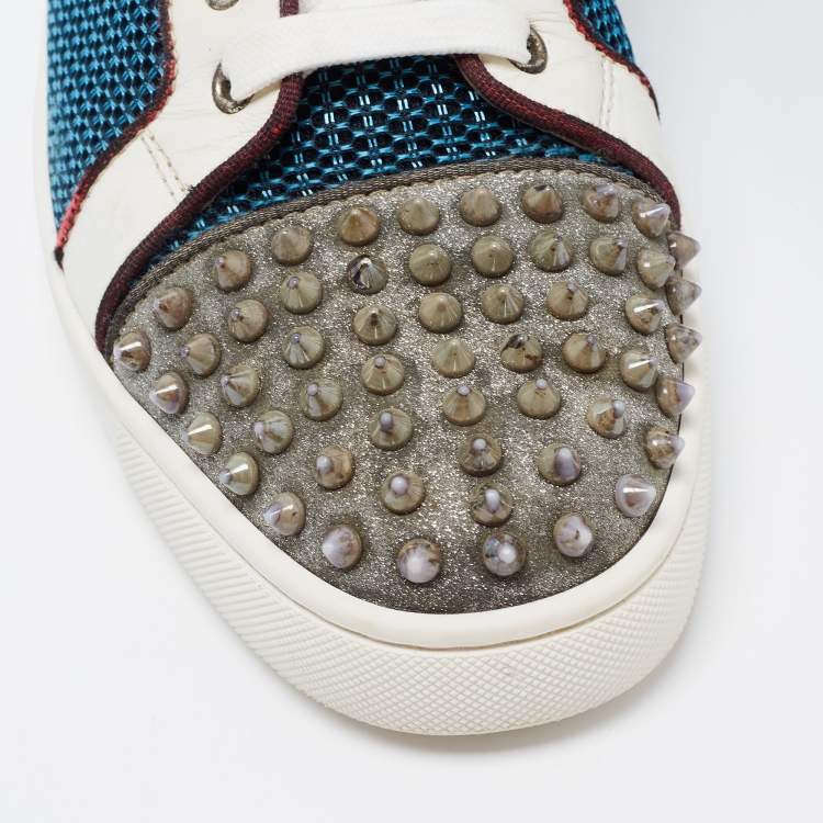 Pre Owned Christian Louboutin Multicolor Glitter, Mesh and Patent Leather Louis Junior Spikes Low Top Sneakers Size 43.5