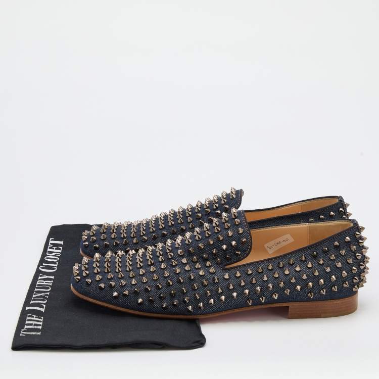 Pre Owned Christian Louboutin Navy Blue Denim Rollerball Spikes Smoking Slippers Size 42