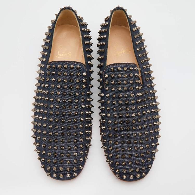Pre Owned Christian Louboutin Navy Blue Denim Rollerball Spikes Smoking Slippers Size 42