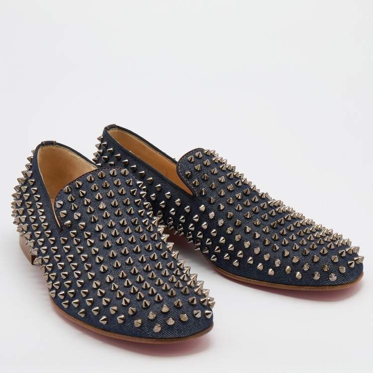 Pre Owned Christian Louboutin Navy Blue Denim Rollerball Spikes Smoking Slippers Size 42