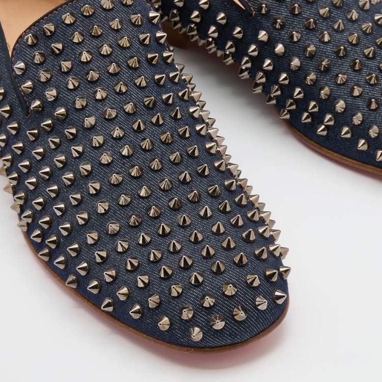 Pre Owned Christian Louboutin Navy Blue Denim Rollerball Spikes Smoking Slippers Size 42
