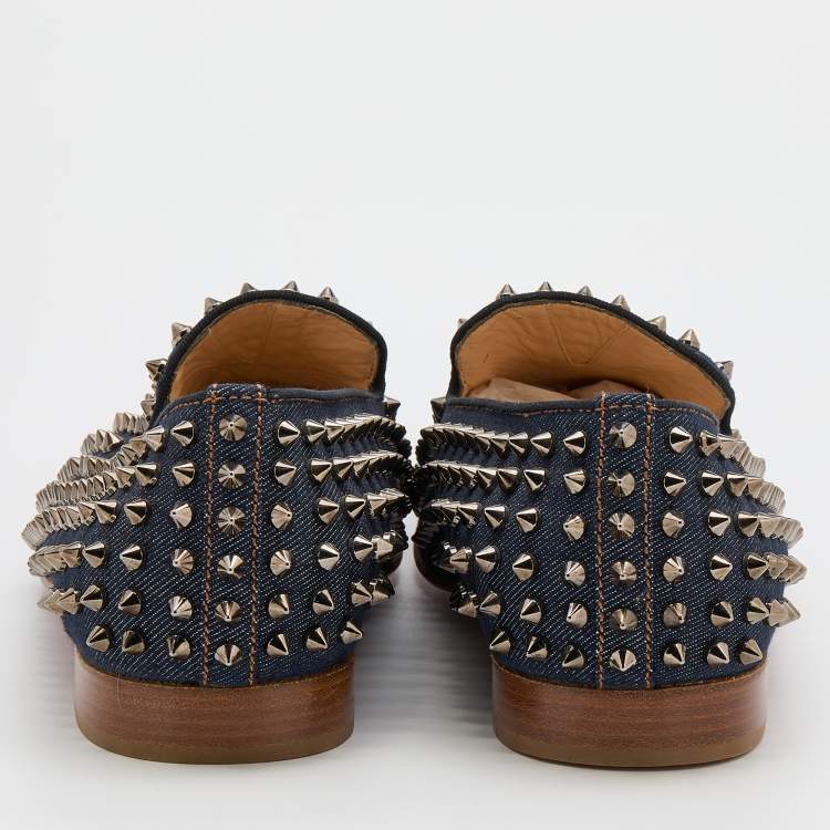 Pre Owned Christian Louboutin Navy Blue Denim Rollerball Spikes Smoking Slippers Size 42
