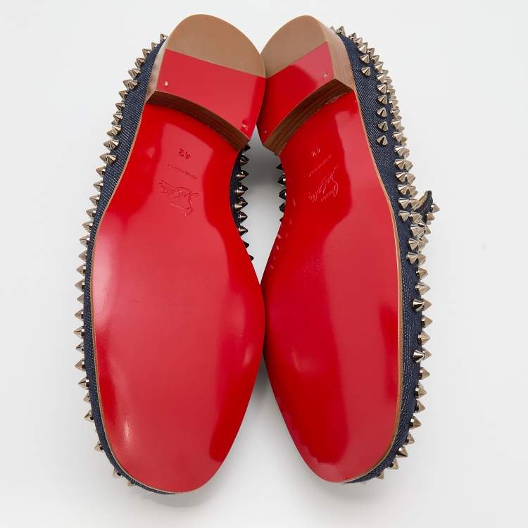 Pre Owned Christian Louboutin Navy Blue Denim Rollerball Spikes Smoking Slippers Size 42