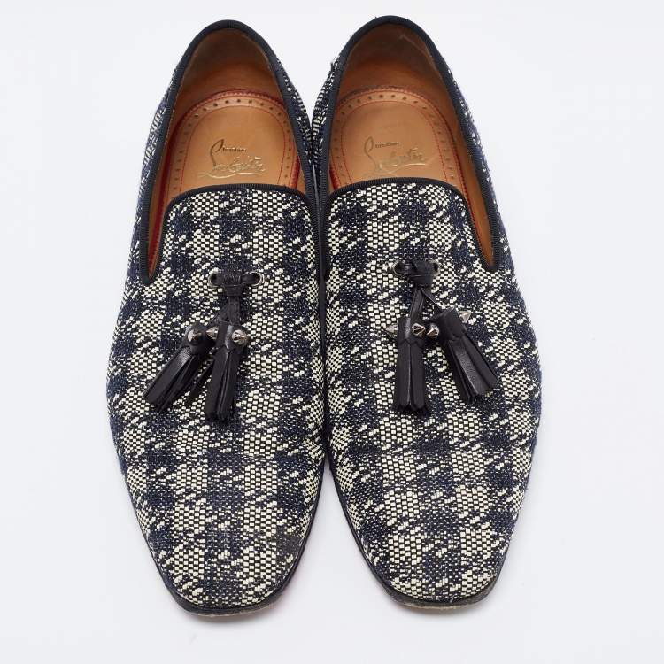 Pre Owned Christian Louboutin Black/White Woven Fabric Dandelion Tassel Slip On Loafers Size 40.5