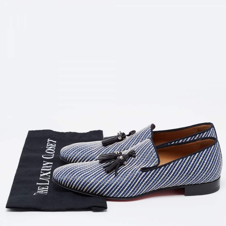 Pre Owned Christian Louboutin White/Blue Woven Fabric Dandelion Tassel Slip On Loafers Size 40.5