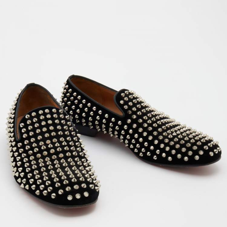 Pre Owned Christian Louboutin Black Velvet Dandelion Spike Smoking Slippers Size 43