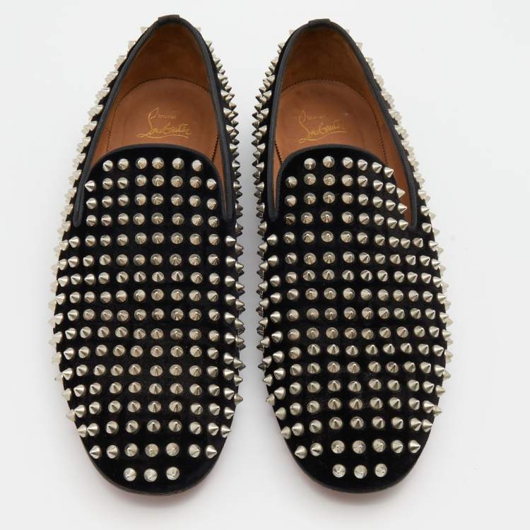 Pre Owned Christian Louboutin Black Velvet Dandelion Spike Smoking Slippers Size 43
