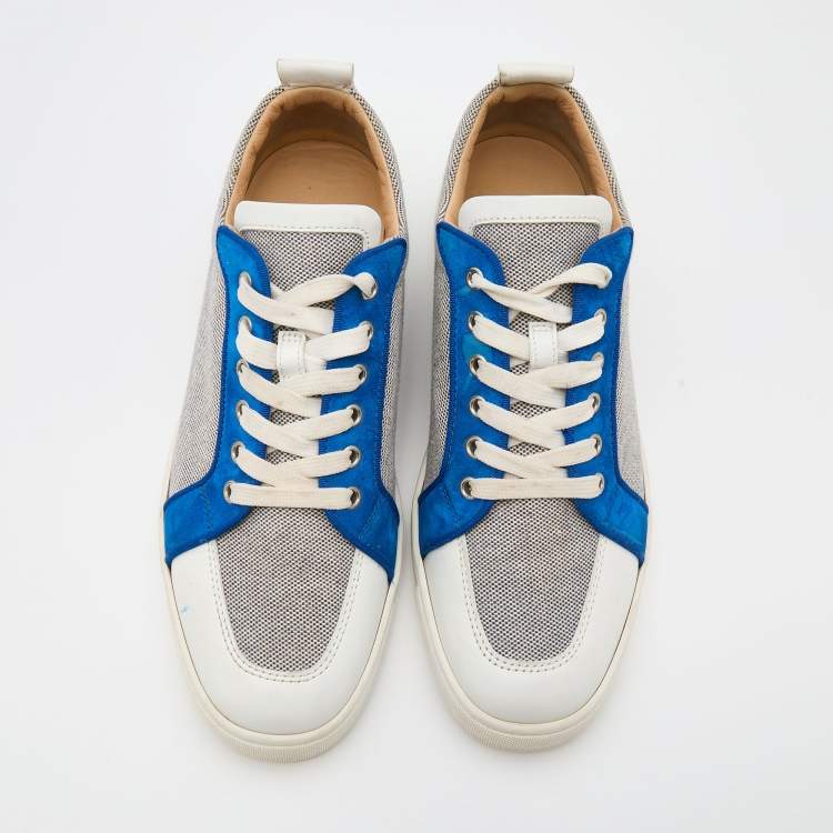 مملوكة مسبقًا Christian Louboutin White/Navy Blue Leather and Woven Fabric Rantulow Low Top Sneakers Size 43
