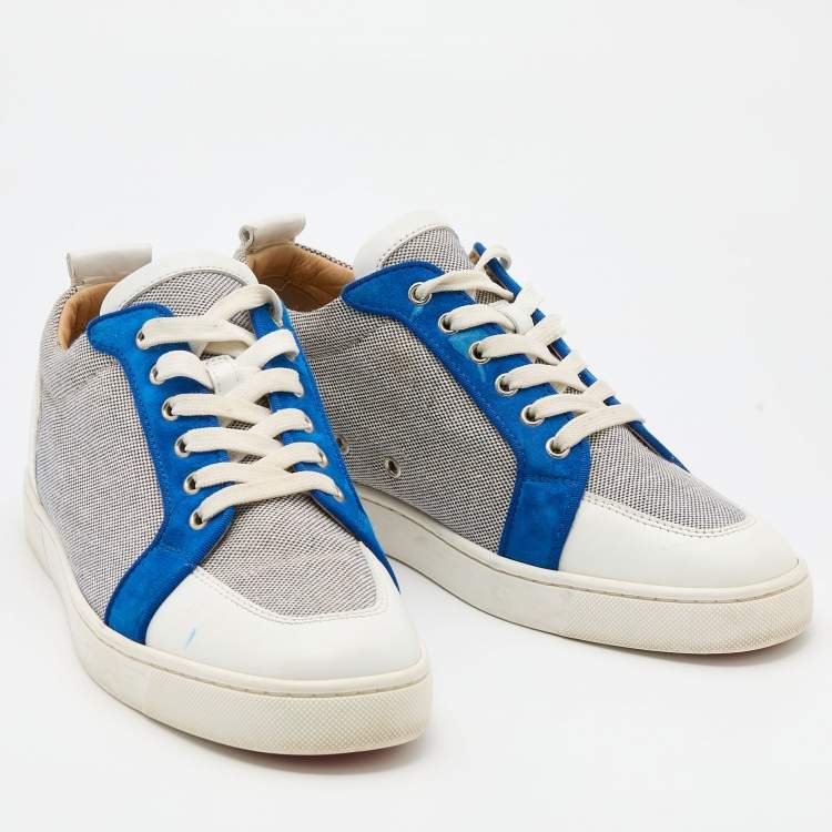 مملوكة مسبقًا Christian Louboutin White/Navy Blue Leather and Woven Fabric Rantulow Low Top Sneakers Size 43