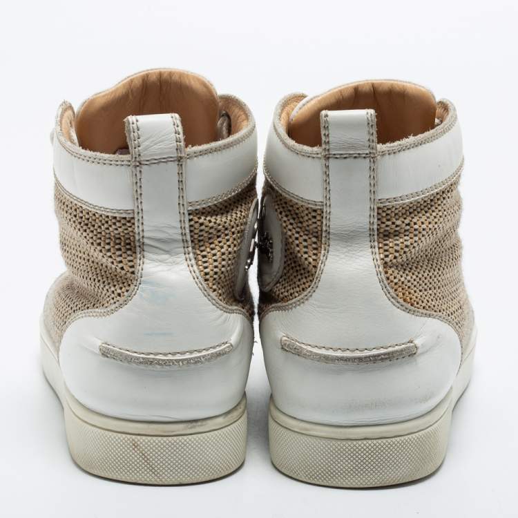 Pre Owned Christian Louboutin Beige/White Woven Fabric and Leather Rantus Orlato High Top Sneakers Size 40