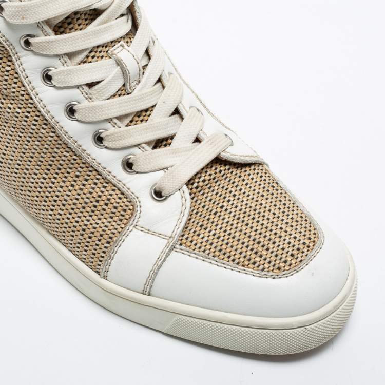Pre Owned Christian Louboutin Beige/White Woven Fabric and Leather Rantus Orlato High Top Sneakers Size 40