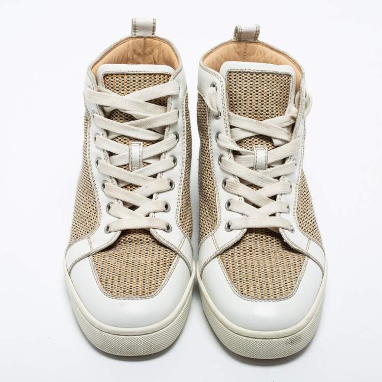 Pre Owned Christian Louboutin Beige/White Woven Fabric and Leather Rantus Orlato High Top Sneakers Size 40