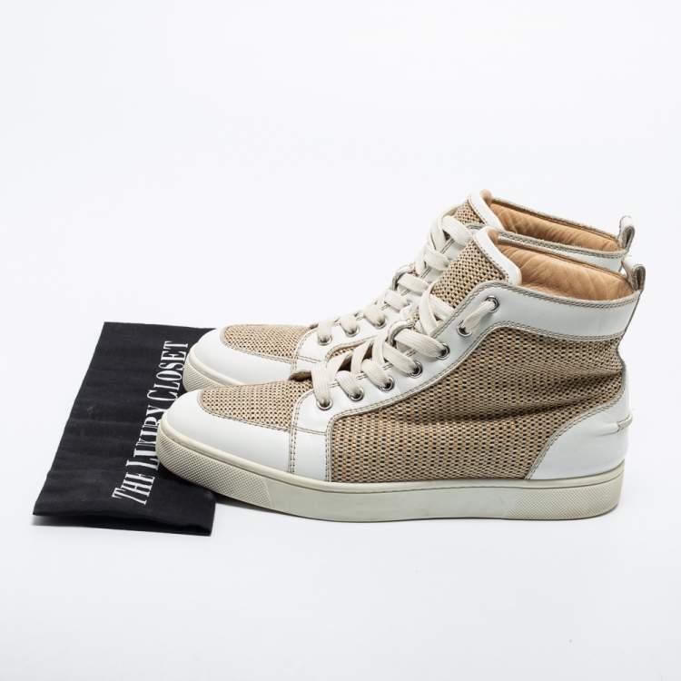 Pre Owned Christian Louboutin Beige/White Woven Fabric and Leather Rantus Orlato High Top Sneakers Size 40