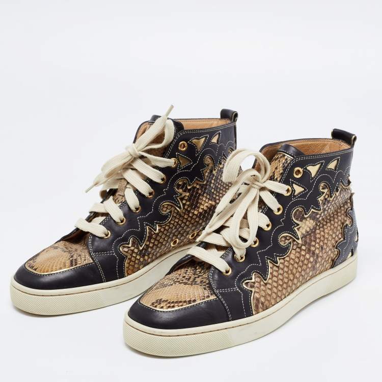 Pre Owned Christian Louboutin Tricolor Leather and Python Rantus Orlato High Top Sneakers Size 39.5