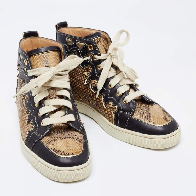 Pre Owned Christian Louboutin Tricolor Leather and Python Rantus Orlato High Top Sneakers Size 39.5