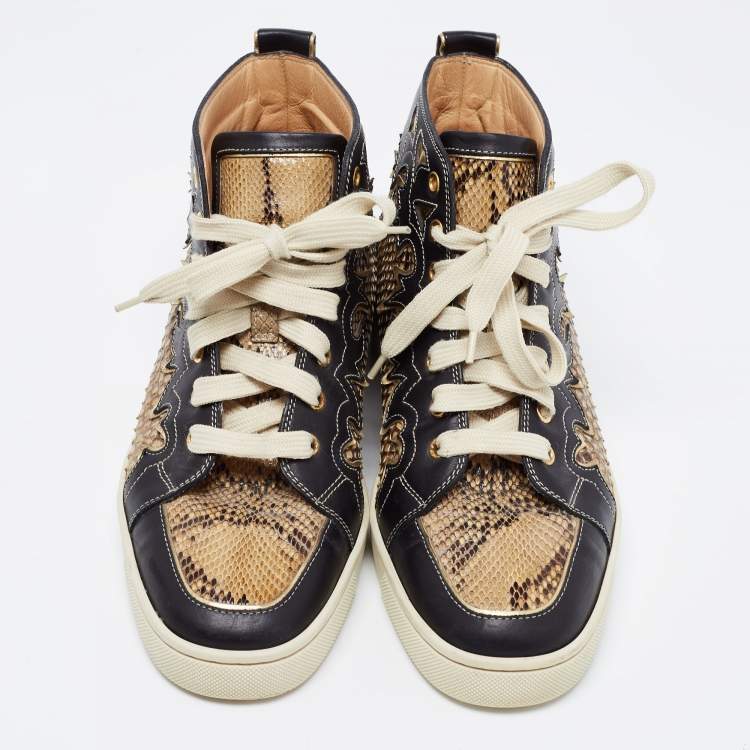 Pre Owned Christian Louboutin Tricolor Leather and Python Rantus Orlato High Top Sneakers Size 39.5