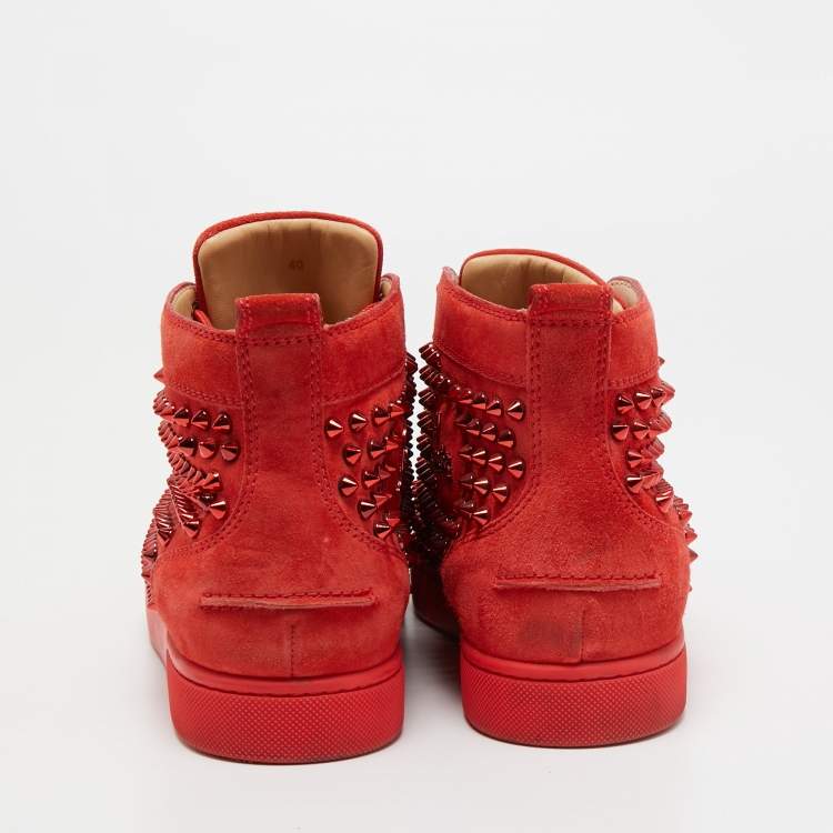 Pre Owned Christian Louboutin Red Suede Louis Spikes High Top Sneakers Size 40