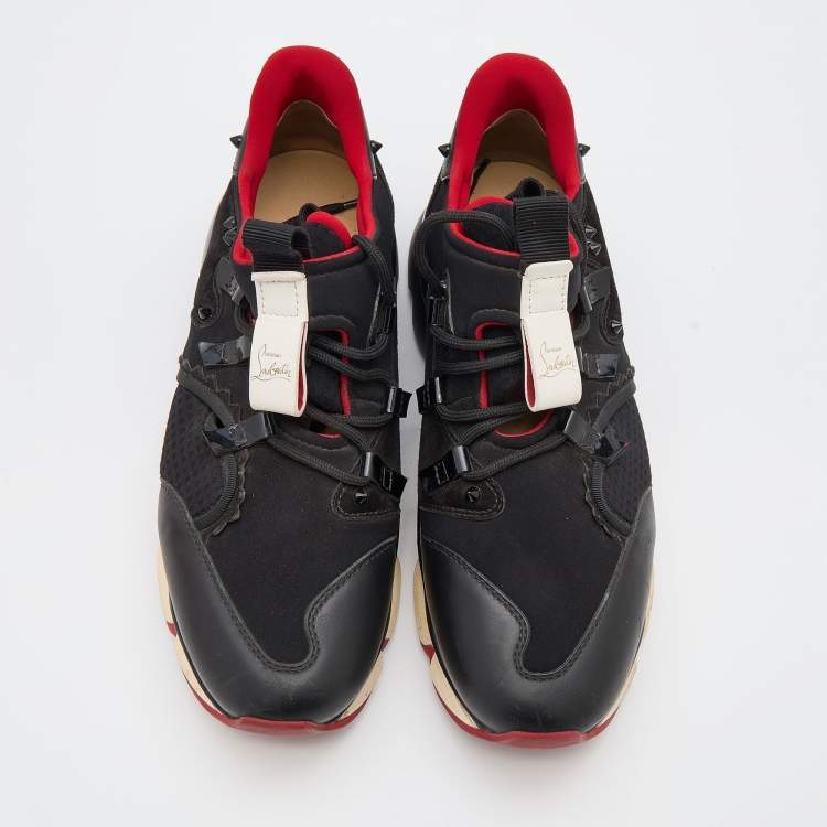 Pre Owned Christian Louboutin Black Leather and Neoprene Red Runner Low Top Sneakers Size 42.5
