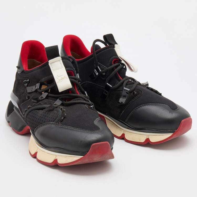 Pre Owned Christian Louboutin Black Leather and Neoprene Red Runner Low Top Sneakers Size 42.5