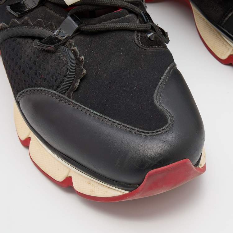 Pre Owned Christian Louboutin Black Leather and Neoprene Red Runner Low Top Sneakers Size 42.5