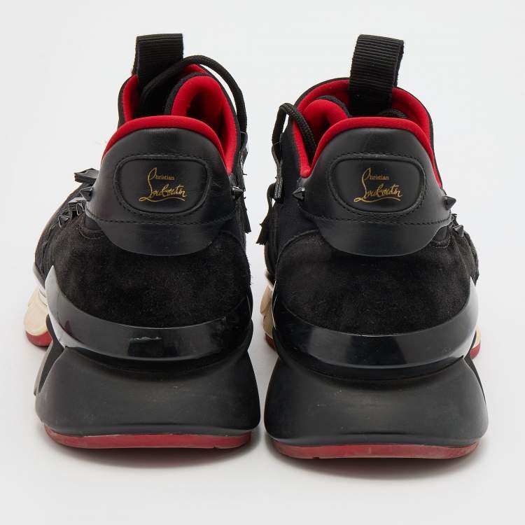 Pre Owned Christian Louboutin Black Leather and Neoprene Red Runner Low Top Sneakers Size 42.5