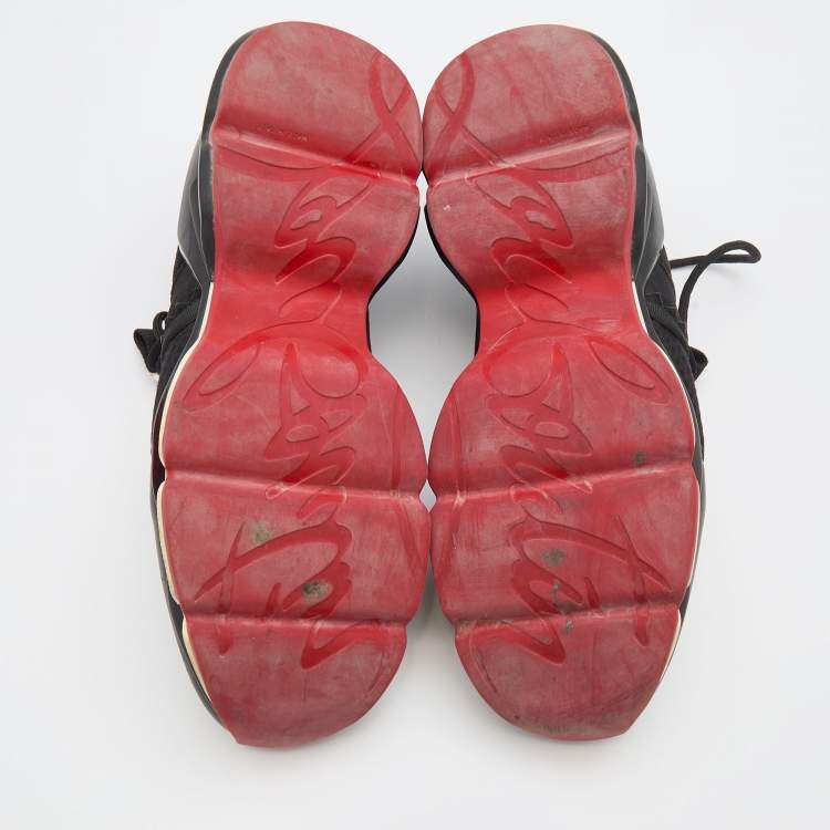 Pre Owned Christian Louboutin Black Leather and Neoprene Red Runner Low Top Sneakers Size 42.5